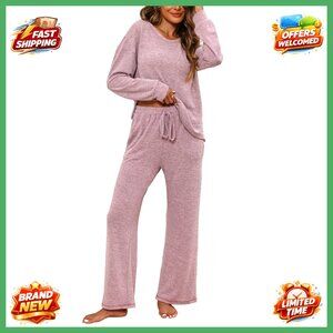 Soft Fleece Lounge Set Long Sleeve Pajamas with Pockets Drawstring Waist